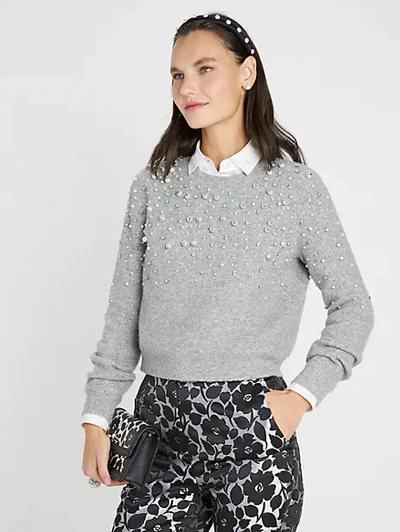 Shop Kate Spade Pearl Rhinestone Embellished Sweater In Grey Melange