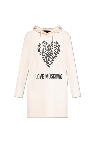 Shop Love Moschino Heart Printed Drawstring Hoodie Dress In White