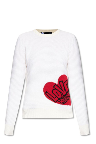 Shop Love Moschino Logo Intarsia Knit Jumper In White