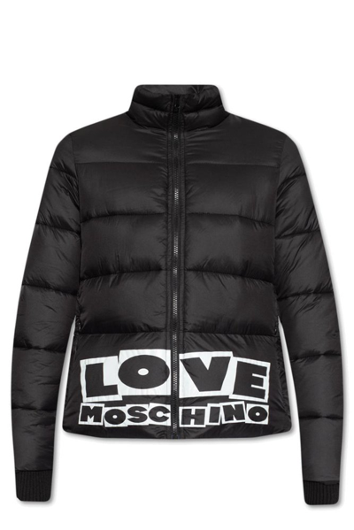 Shop Love Moschino Logo Printed Zipped Padded Jacket In Black