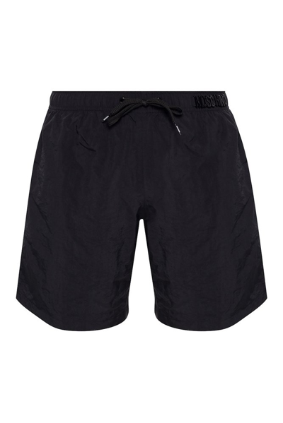 Shop Moschino Lettering Logo Drawstring Swim Shorts In Black