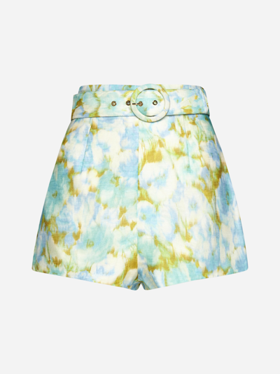 Shop Zimmermann High Tide Print Cotton And Silk Shorts In Aqua Ikat Floral
