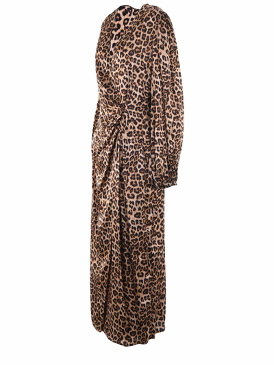 Shop Twinset Abito Lungo  In Raso Fantasia Animalier In Marrone/nero