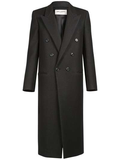 Shop Saint Laurent Long Double-breasted Coat In Noir Brillant