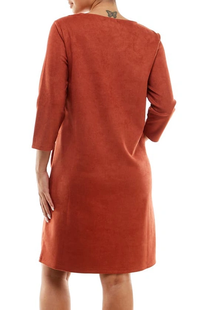 Nina Leonard Crewneck Three-quarter Sleeve Trapeze Dress In Rust