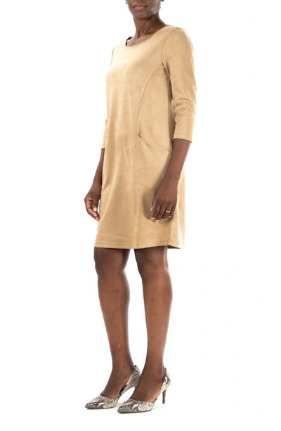 Nina Leonard Crewneck Three-quarter Sleeve Trapeze Dress In Tan