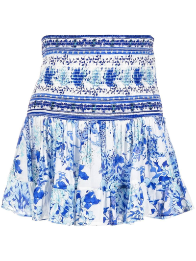 Shop Camilla Floral-print Shirred Skirt In Blue