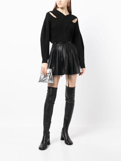 J Koo Crossover-neck Ribbed-knit Jumper In Black