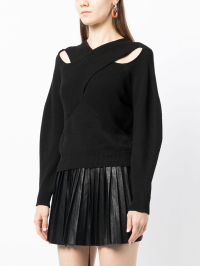 J Koo Crossover-neck Ribbed-knit Jumper In Black