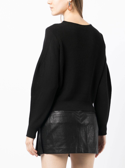 J Koo Crossover-neck Ribbed-knit Jumper In Black