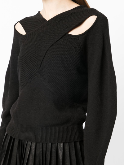Shop J Koo Crossover-neck Ribbed-knit Jumper In Black