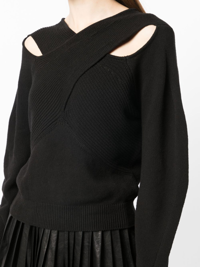 J Koo Crossover-neck Ribbed-knit Jumper In Black