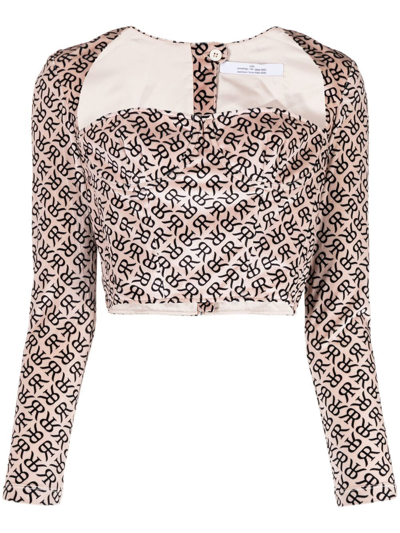 Shop Rokh Monogram-print Bustier Corset Top In Neutrals