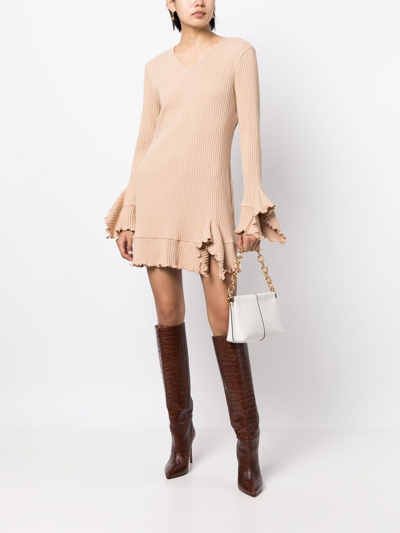 Shop Goen J V-neck Ruffle-trim Mini Dress In Brown