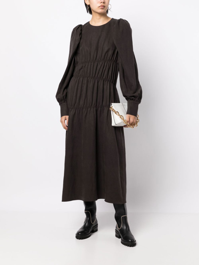 Goen J Ruched Puffed-sleeve Midi Dress In Brown