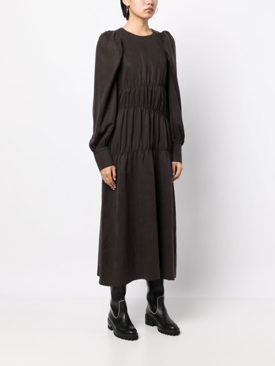 Goen J Ruched Puffed-sleeve Midi Dress In Brown