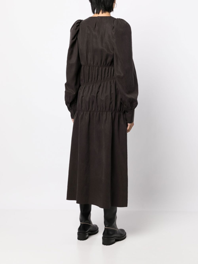 Goen J Ruched Puffed-sleeve Midi Dress In Brown