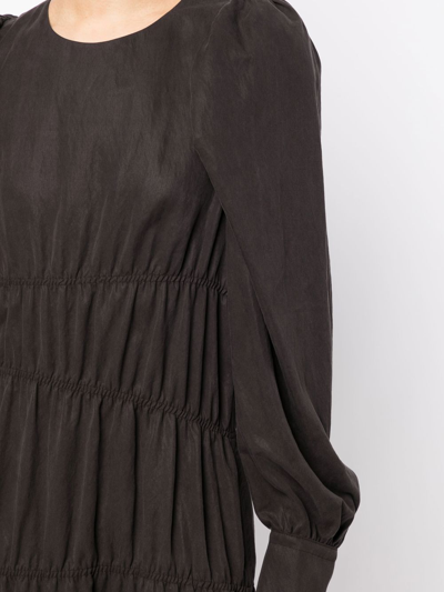 Goen J Ruched Puffed-sleeve Midi Dress In Brown