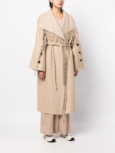 Shop Goen J Double-faced Fringed Coat In Brown