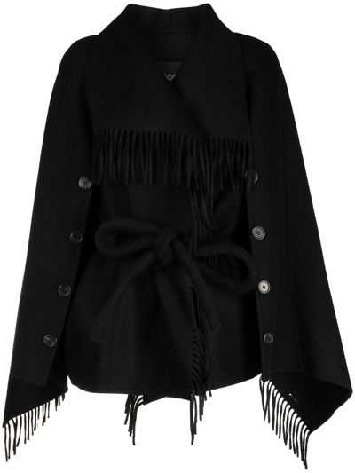 Goen J Layered-fringed Cape Coat In Black
