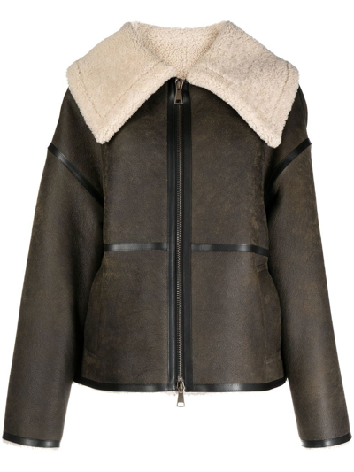 Shop Goen J Shearling-lined Aviator Leather Jacket In Brown