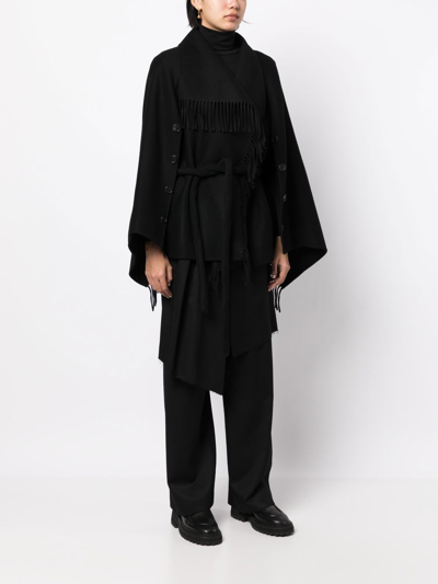 Goen J Layered-fringed Cape Coat In Black