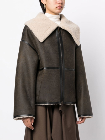 Shop Goen J Shearling-lined Aviator Leather Jacket In Brown