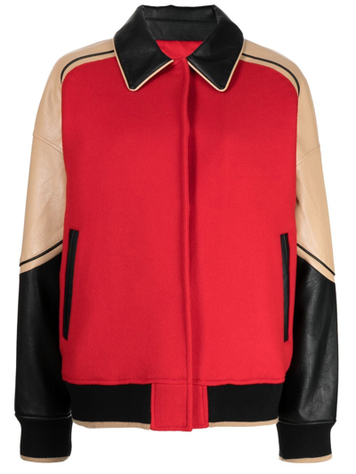 Shop Goen J Faux-leather Trim Wool Bomber Jacket In Red