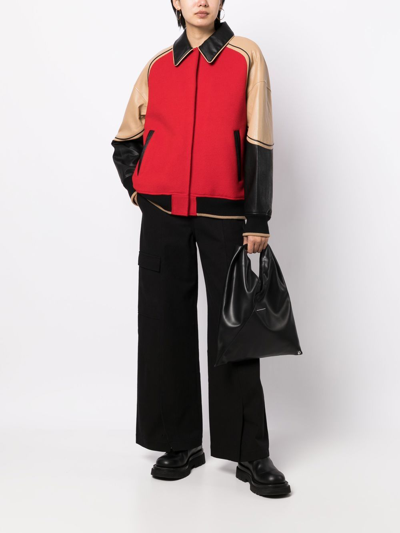 Shop Goen J Faux-leather Trim Wool Bomber Jacket In Red