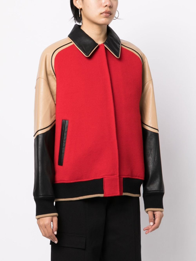 Shop Goen J Faux-leather Trim Wool Bomber Jacket In Red