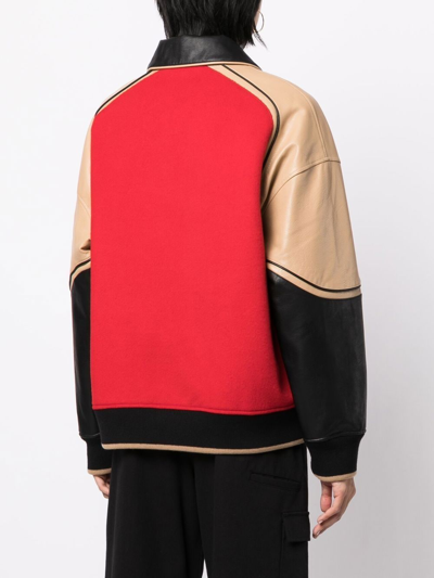 Shop Goen J Faux-leather Trim Wool Bomber Jacket In Red