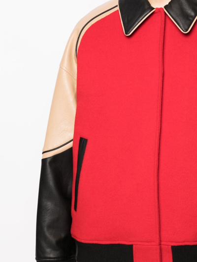 Shop Goen J Faux-leather Trim Wool Bomber Jacket In Red