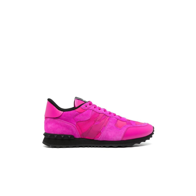 Shop Valentino Pink Rockrunner Camouflage Leather Sneakers