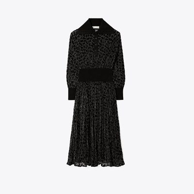 Tory Burch Long-sleeve Velvet Devore Midi Dress In Black