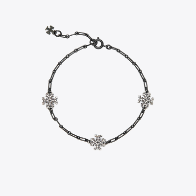 Shop Tory Burch Roxanne Chain Delicate Enamel Bracelet In Antique Pewter/black/crystal