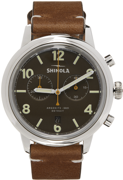 Shop Shinola Brown 'the Traveler' 2-eye Chrono Watch In Khaki Gray