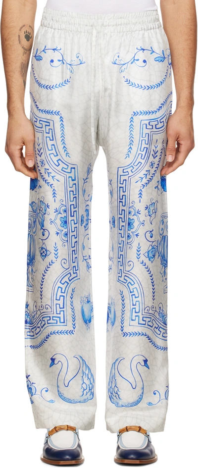 Casablanca White Printed Silk Wide-leg Trousers In Blue | ModeSens