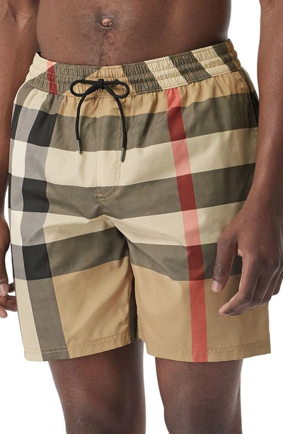 Shop Burberry Guildes Check Swim Trunks In Archive Beige Ip Chk