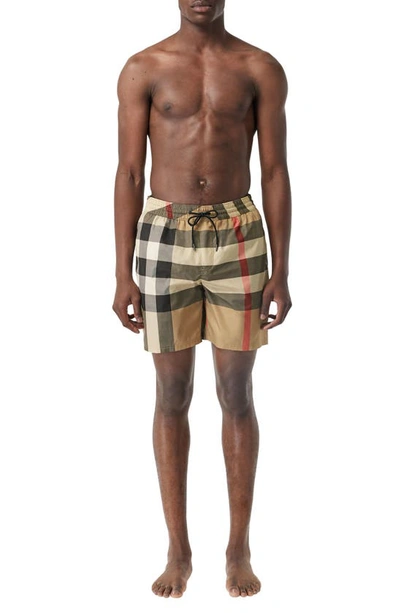 Shop Burberry Guildes Check Swim Trunks In Archive Beige Ip Chk