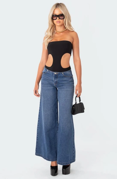 Shop Edikted Vivie Cutout Rib Strapless Bodysuit In Black