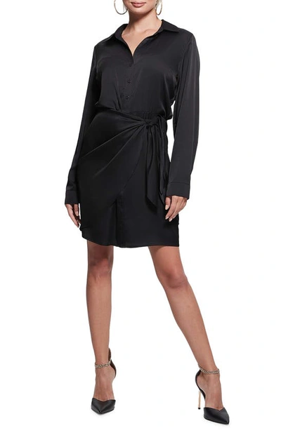 Shop Guess Alya Long Sleeve Mini Shirtdress In Jet Black