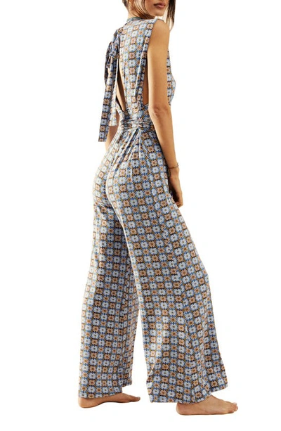 Shop Free People Vibe Check Tie Waist Jumpsuit In Blue Combo