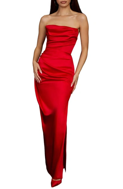 House Of Cb Adrienne Gathered Satin Strapless Gown In Scarlet