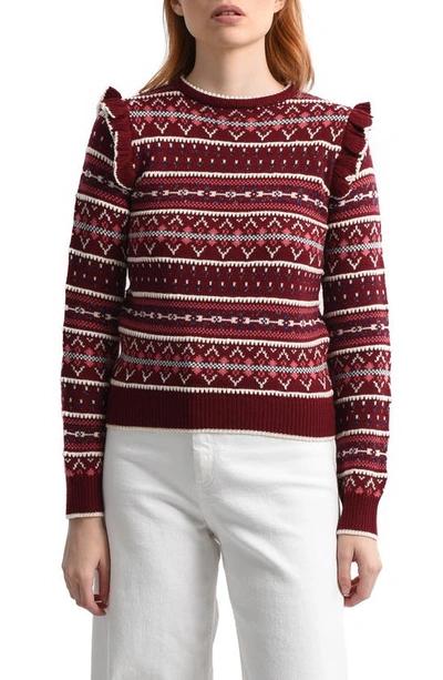 Shop Molly Bracken Stripe Ruffle Shoulder Sweater In Dark Red