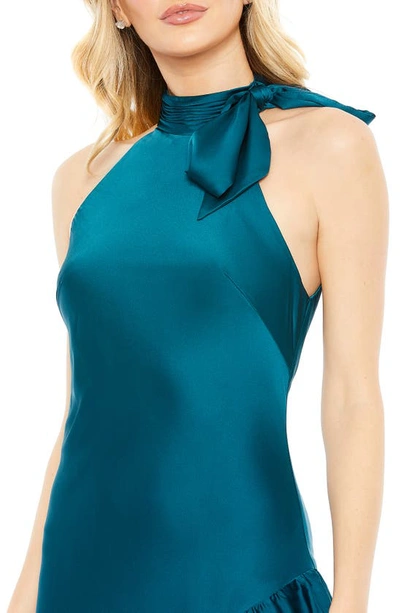 Shop Ieena For Mac Duggal Halter Neck Ruffle Hem Asymmetric Satin Gown In Blue