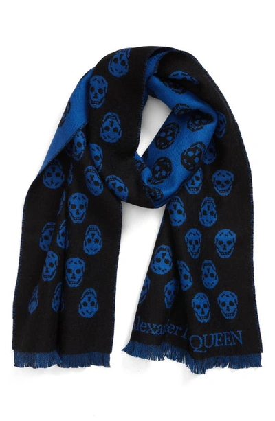 Shop Alexander Mcqueen Skull Wool Reversible Scarf In Black / Blue