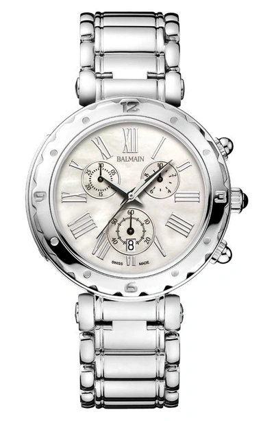 Shop Balmain Mother-of-pearl Chronograph Bracelet Watch, 38mm In Silver/ White