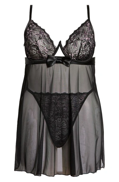 Shop Oh La La Cheri Riley Babydoll Chemise With G-string Thong In Black/ Pink Tulle
