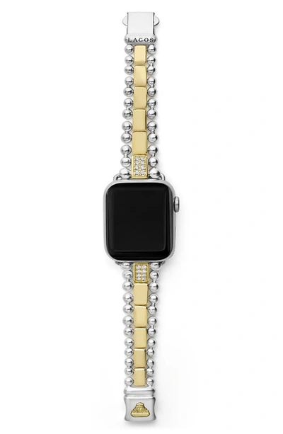 Lagos Smart Caviar Two-tone Sterling Silver And 18k Yellow Gold Diamond 2-link Apple Watch Bracelet, 38-45 In Silver Gold Diamond