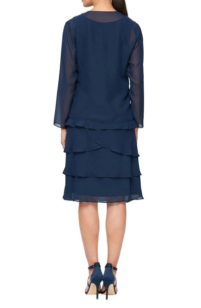 Shop Slny 3/4 Sleeve Sequin Dress & Jacket Set In Deep Navy